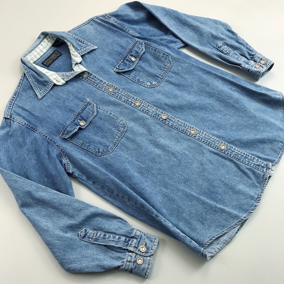 NEWTON TRADING CO. Distressed Denim Shirt Small Button Front Flannel Trim Worn - Picture 2 of 11